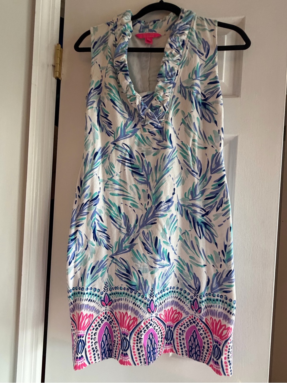 Lilly Pulitzer Blue, Teal, Purple & Pink Sleeveless Ruffled V-Neck Dress